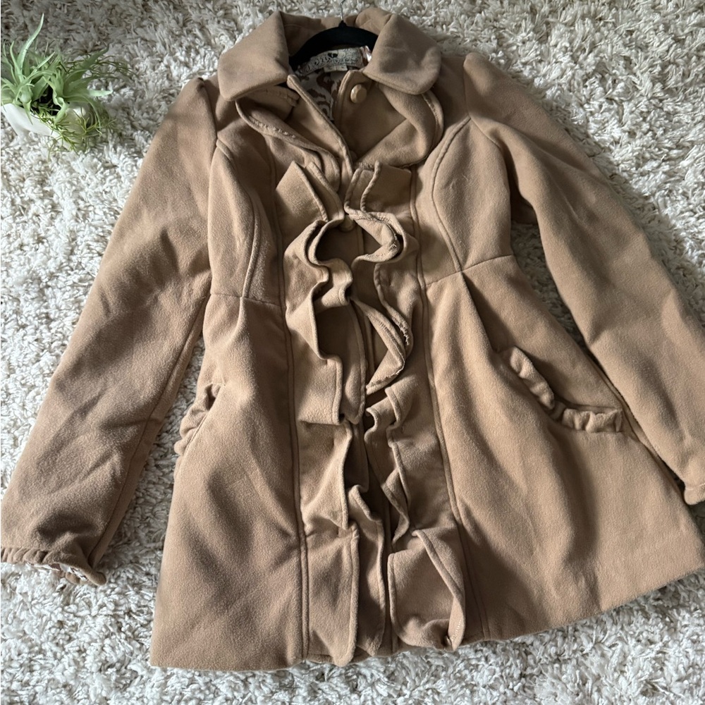 Jolt Camel Ruffle Front Trench Coat